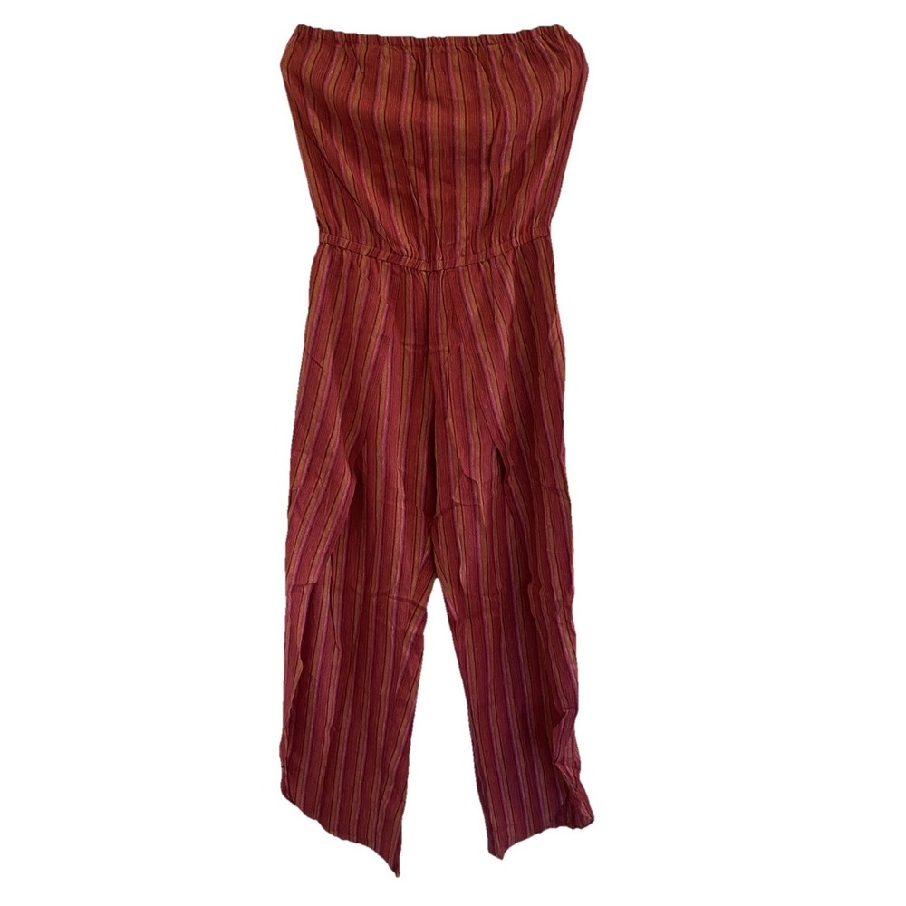 New Drew Womens Linen Romper Small Jumpsuit Stripe Red Rayon Strapless Summer
